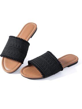 🆕Women's Black Flat Sandals Braided Leather Nude Summer Dressy Fashion